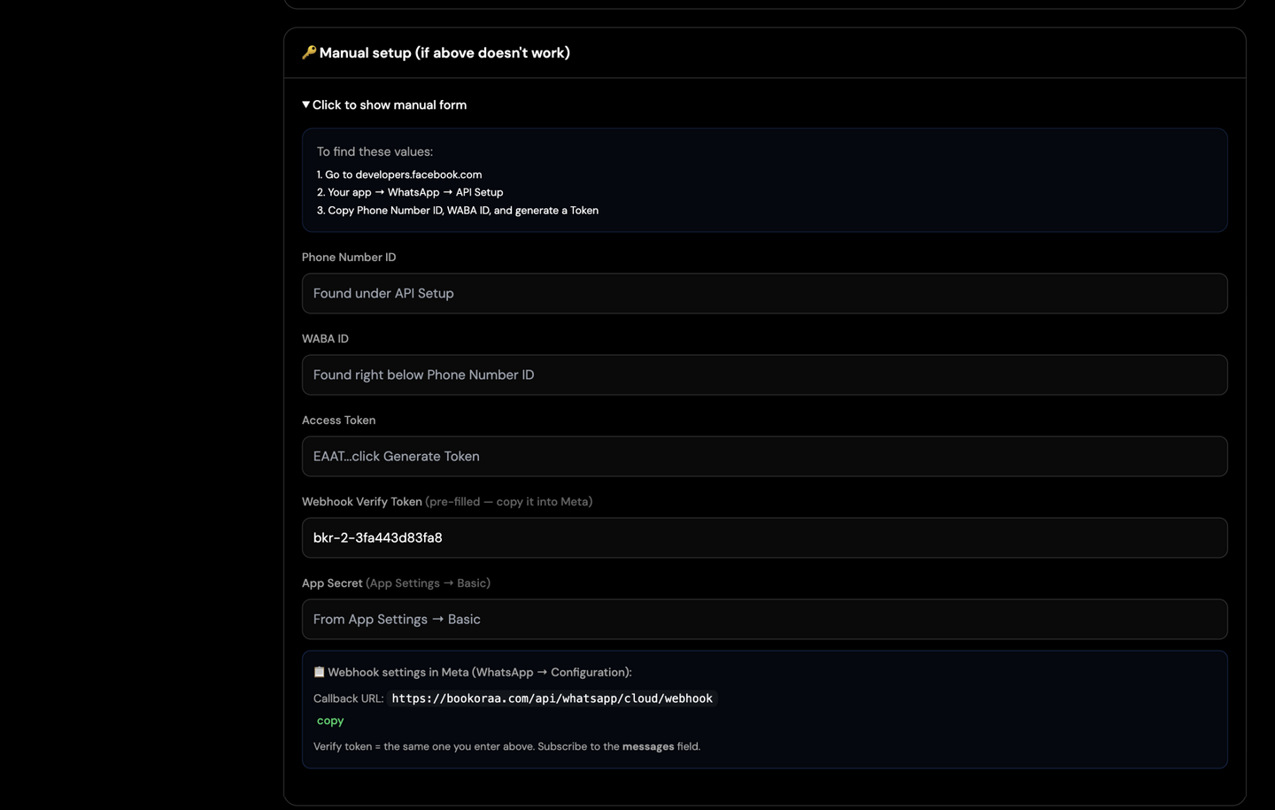 Bookoraa manual Cloud API form with Phone Number ID, WABA ID, Access Token, pre-filled Webhook Verify Token and App Secret fields